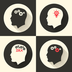 Head with brain and idea lamp bulb pictograph. Male human think symbols. Vector illustration.