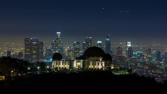 Downtown Los Angeles Skyline and Griffith Observatory Night Timelapse