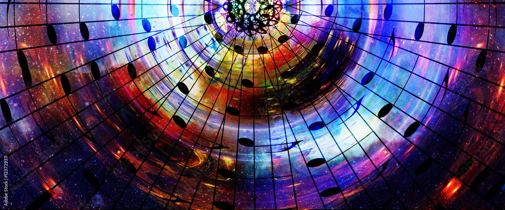 Poster music notes in space with stars. abstract color background. music concept.
