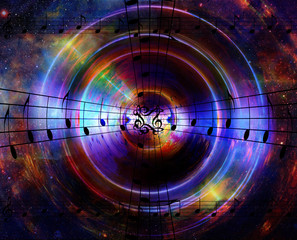 music notes and silhouette of music speaker in space with stars. abstract color background. Music concept.