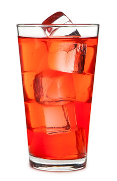 Red fruit punch cranberry juice in pint glass with ice isolated on white background