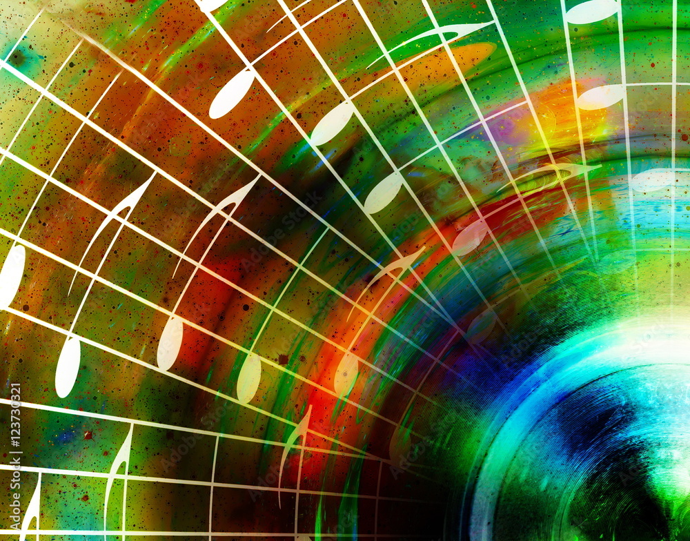 Poster music notes in space with stars. abstract color background. music concept.