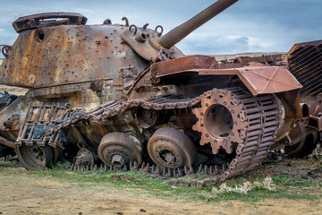 Fototapeta na wymiar Broken tank at the desert of Tunisia Africa