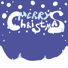greetings happy holiday/ snow inscription Merry Christmas and a winter landscape with trees