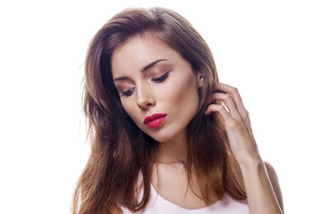 Fototapeta premium Beautiful woman face close up portrait studio on white