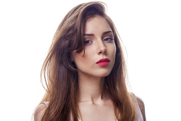 Fototapeta premium Beautiful woman face close up portrait studio on white