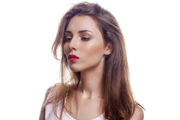 Fototapeta premium Beautiful woman face close up portrait studio on white