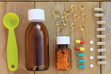 Various pills and medicine bottle with measuring spoon 