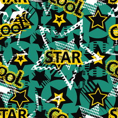Abstract seamless pattern for girls, boys, clothes. Creative vector background with dots, geometric figures, inscriptions, stars.Funny wallpaper for textile and fabric. Fashion style. Colorful bright.