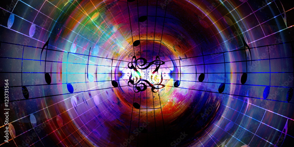 Poster music notes in space with stars. abstract color background. music concept.