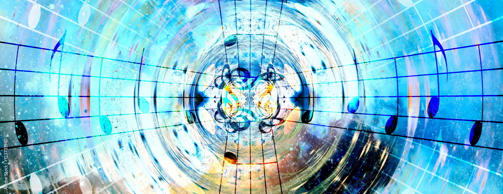 Poster music notes in space with stars. abstract color background. music concept.