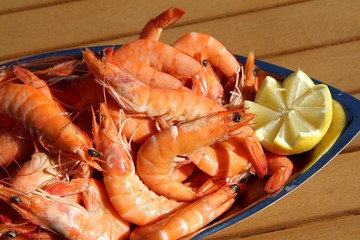 plat de grosses crevettes roses et citron