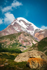 Fototapeta na wymiar View of Mount Kazbek near Stepantsminda, Georgia