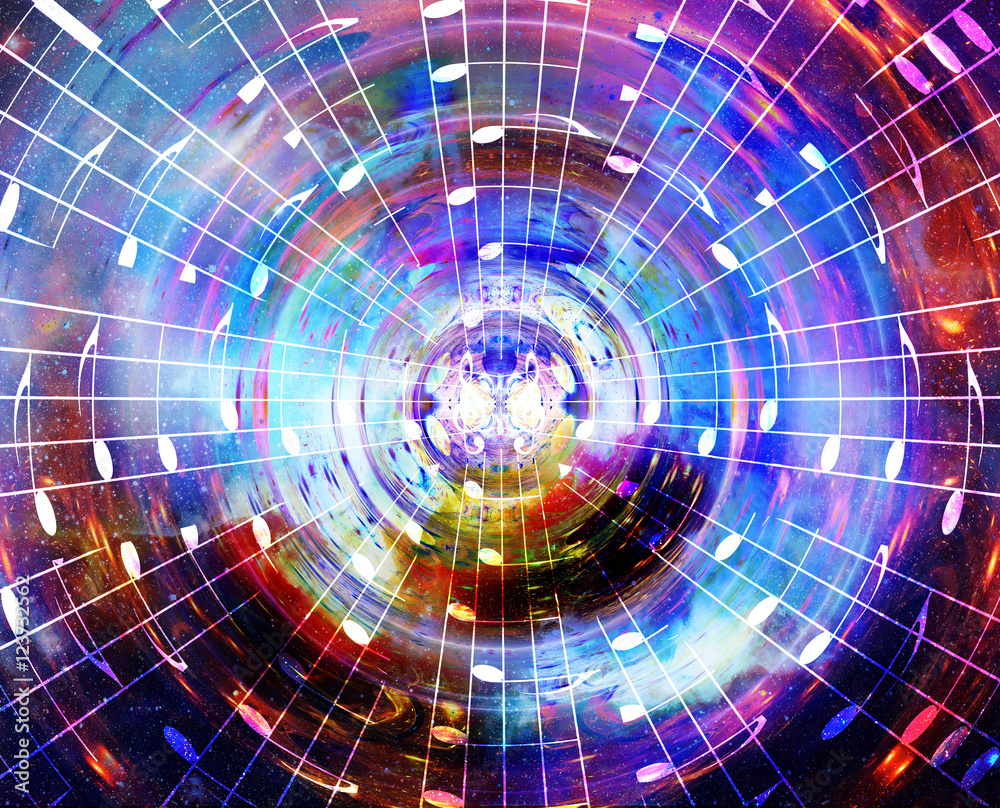 Poster music notes in space with stars. abstract color background. music concept.
