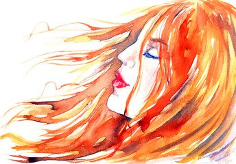 Red-haired beautiful girl dreams in the wind, hand painted watercolor fashion illustration © ArtoPhotoDesigno