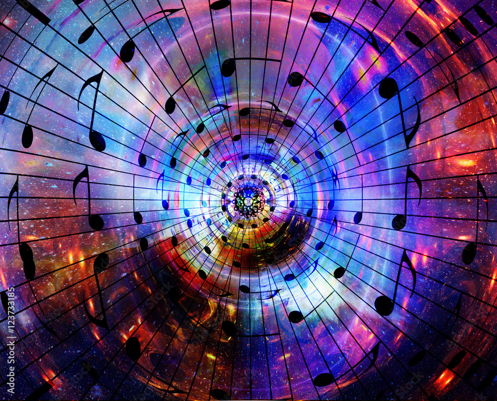 Poster music notes in space with stars. abstract color background. music concept.