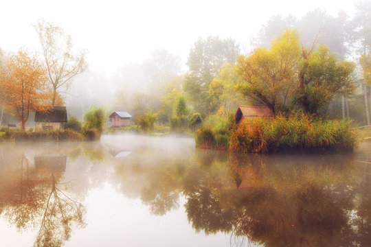 Gorgeous autumnal fishing lake on a foggy morning