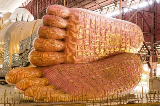 YANGON, MYANMAR - FEBUARY 19, 2016: Chauk htat gyi reclining buddha (sweet eye buddha) in Yangon, Myanmar.