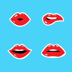 Fototapeta na wymiar Cosmetics and makeup seamless pattern. Closeup beautiful lips of woman with red lipstick and gloss. Sexy wet lip make-up. Open mouth. Sweet kiss.Funny wallpaper for textile and fabric. Fashion style.