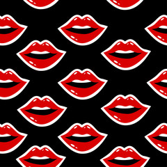 Cosmetics and makeup seamless pattern. Closeup beautiful lips of woman with red lipstick and gloss. Sexy wet lip make-up. Open mouth. Sweet kiss.Funny wallpaper for textile and fabric. Fashion style.