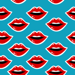 Cosmetics and makeup seamless pattern. Closeup beautiful lips of woman with red lipstick and gloss. Sexy wet lip make-up. Open mouth. Sweet kiss.Funny wallpaper for textile and fabric. Fashion style.