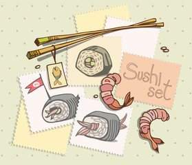 Marks with sushi set on green background. View from above on the table. Vector illustration.