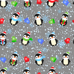 Abstract seamless pattern for girls, boys, clothes. Creative vector background with dots, penguins, snowflakes, gifts.Funny wallpaper for textile and fabric. Fashion style. Colorful bright.
