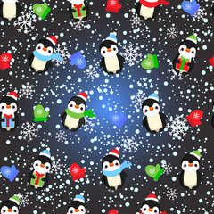 Abstract seamless pattern for girls, boys, clothes. Creative vector background with dots, penguins, snowflakes, gifts.Funny wallpaper for textile and fabric. Fashion style. Colorful bright.