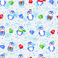 Naklejka premium Abstract seamless pattern for girls, boys, clothes. Creative vector background with dots, penguins, snowflakes, gifts.Funny wallpaper for textile and fabric. Fashion style. Colorful bright.