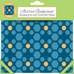 Vector abstract seamless pattern with yellow and blue hexagon shapes on the dark blue background with pattern unit at the top of the green retail packaging.