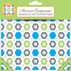 Vector abstract seamless pattern with hexagon shapes on the white background with pattern unit at the top of the green retail packaging.