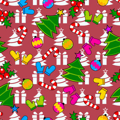 Abstract seamless pattern for girls, boys, clothes Creative vector background with gloves, Christmas tree, ornamentation. Funny wallpaper for textile and fabric. Fashion style. Colorful bright.
