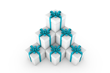 White gift boxes with light blue ribbon bow