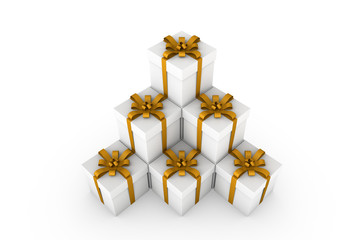 White gift boxes with orange ribbon bow