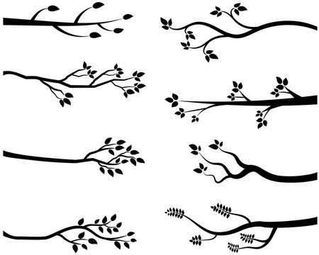 Cartoon vector black tree branch silhouettes