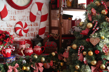 Christmas Tree in Room, Xmas Home Night Interior