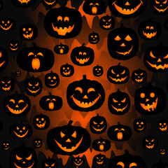 Abstract seamless pattern for girls,boys, kids, halloween, clothes. Creative vector background with pumpkin scary face, smile. Funny wallpaper for textile and fabric. Fashion style. Colorful bright.