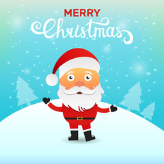 Santa Claus cartoon character saying Warm wishes. Merry Christmas greeting card.