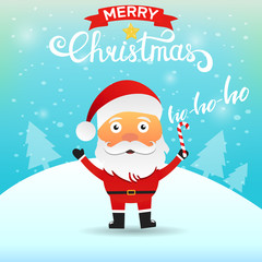 Santa Claus cartoon character saying Warm wishes. Merry Christmas greeting card.