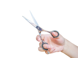 hand hold scissors isolated on white background