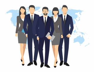 Business men and women silhouette. team businesspeople group hold document folders on world map background vector Illustration