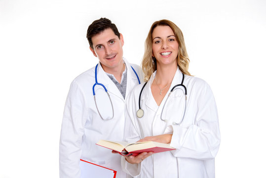 young friendly medical team with book in lab coat