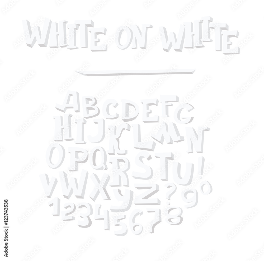Fototapete Vector hand drawn illustration with group of white alphabet letters, isolated on white background. Abc sequence from A to Z and numbers, handwritten in 3d style with grey inner shadows.