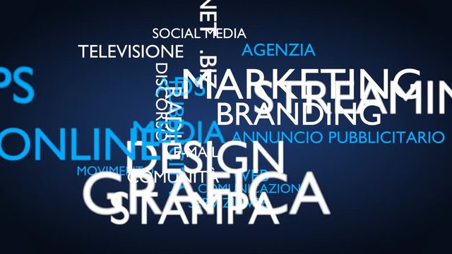 Marketing, branding word tag cloud - blue, Italian variant, 3D rendering, UHD