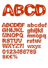 Red alphabet in shabby design, chipped paint, uppercase and lowercase letters, numbers, characters, currency symbols. Original font for grunge design.