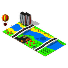 3d map. Isometric building. Map includes beach, river, bridge, hotel, amusement park, car and markings. Isometric city.