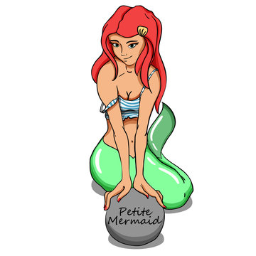 Little cartoon mermaid. Vector ginger girl in a frock with a fish tail