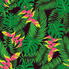Fototapeta na wymiar Seamless pattern with hand-drawn tropical leaves and flowers