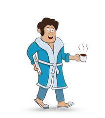 cartoon man with pajaman doing morning activity bring newspaper and coffee