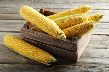 Sweet corns on a grey wooden table